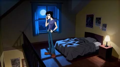 AI Video from prompt: Lance calls Newton on the phone in the upstairs 