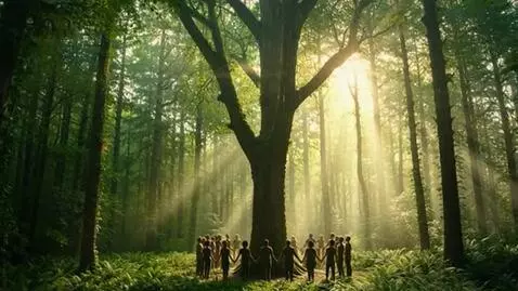 AI Video from prompt: Hyperrealistic cinematic dawn in a lush forest. 