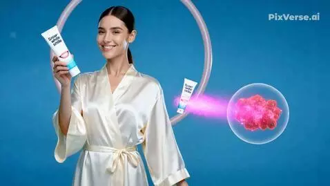 AI Video from prompt: A woman in a silk robe holds a tube of toothpast