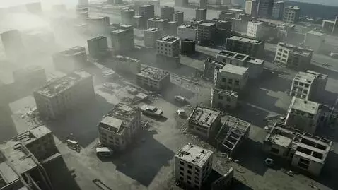 AI Video from prompt: cinematic drone view of a war‑torn city, grey st
