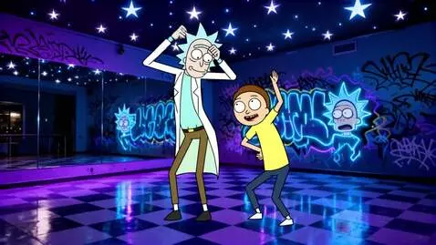 AI Video from prompt: Rick and Morty are dancing to another one bites 