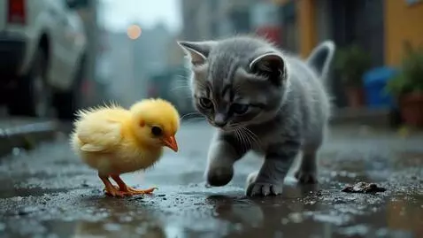 AI Video from prompt: A tiny gray kitten with fluffy fur and big emoti