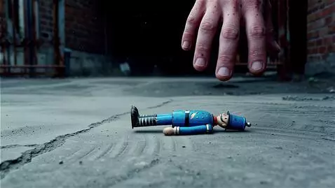 AI Video from prompt: close‑up: a small toy on the dusty ground, a lar
