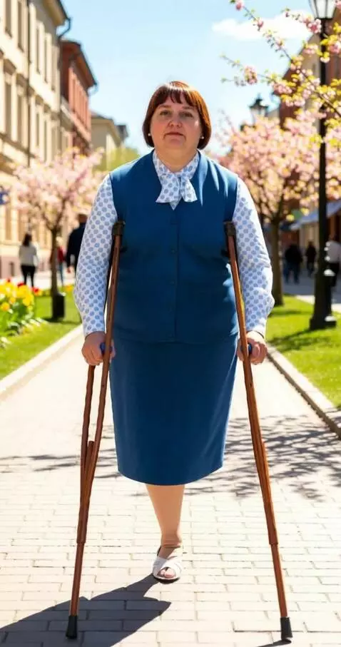 AI Video from prompt: A one-legged woman walks slowly toward the camer
