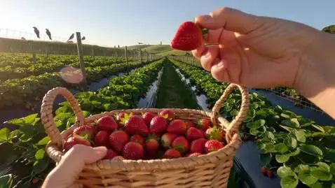 AI Video from prompt: POV: You're picking fresh strawberries on a sunn
