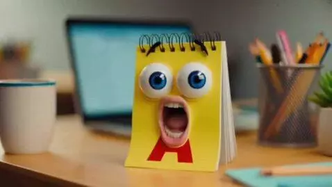 AI Video from prompt: A talking little yellow A notepad with eyes that