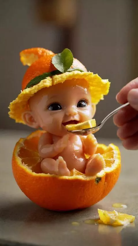 AI Video from prompt: A super cute tiny baby made entirely of juicy or