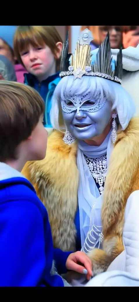AI Video from prompt: a mature, plump sixty-year-old snow queen in a s