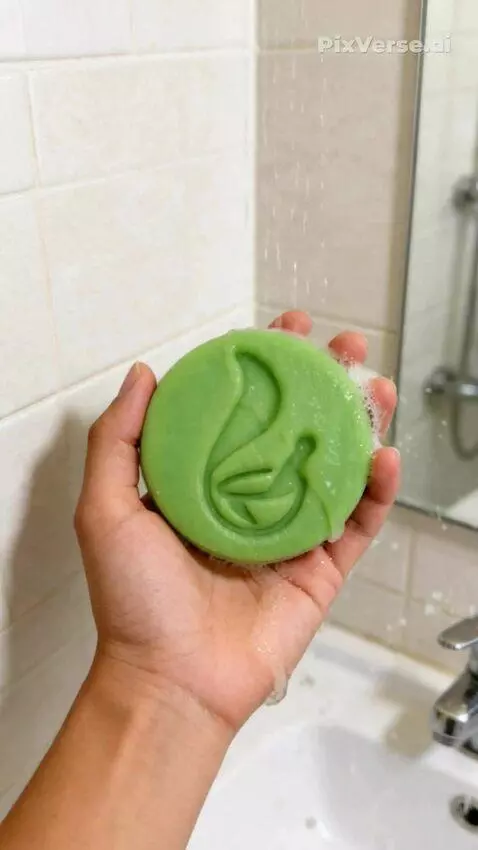 AI Video from prompt: A hand picks up the Sidr soap (Bidara soap), the