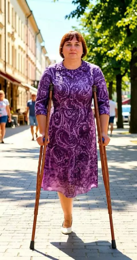 AI Video from prompt: A one-legged woman walks slowly toward the camer