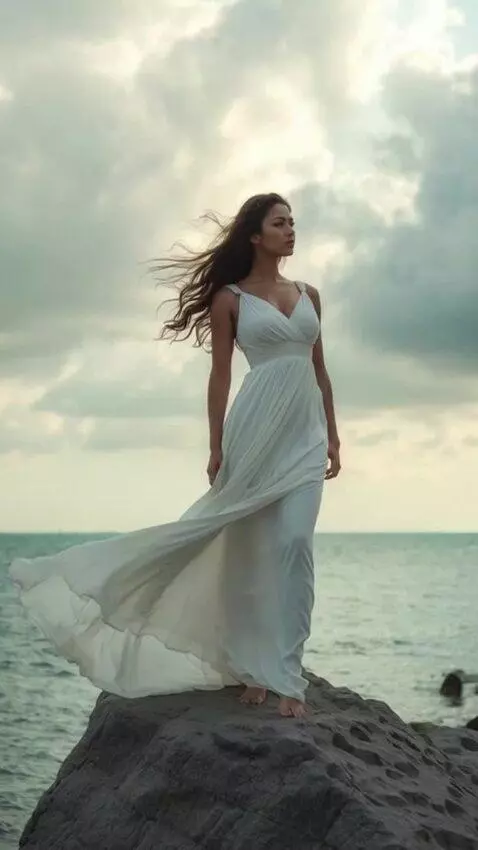 AI Video from prompt: Cinematic slow motion shot. The woman stands on 