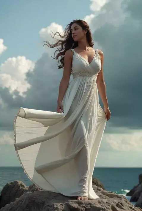 AI Video from prompt: Cinematic slow motion shot. The woman stands on 