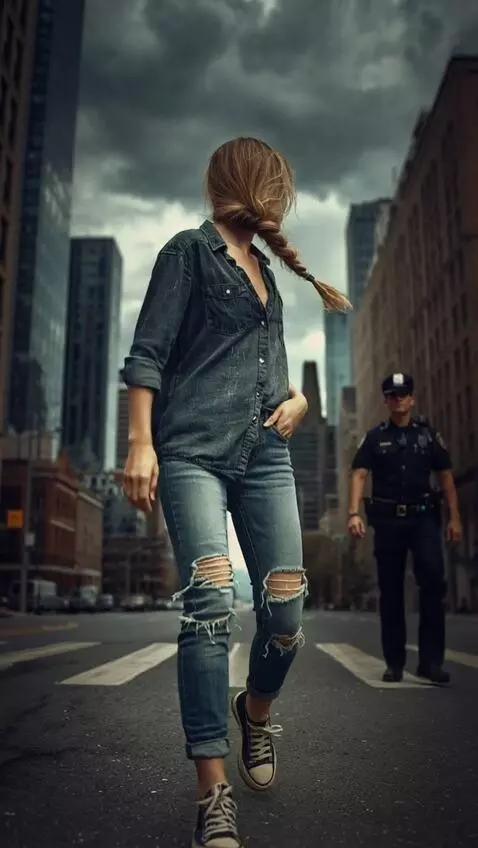 AI Video from prompt: The woman looks back at the police officer, shou