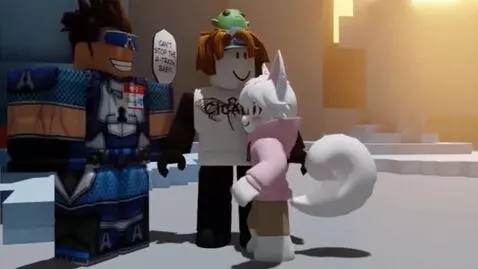 AI Video from prompt: Static image comes to life. Two Roblox avatars s