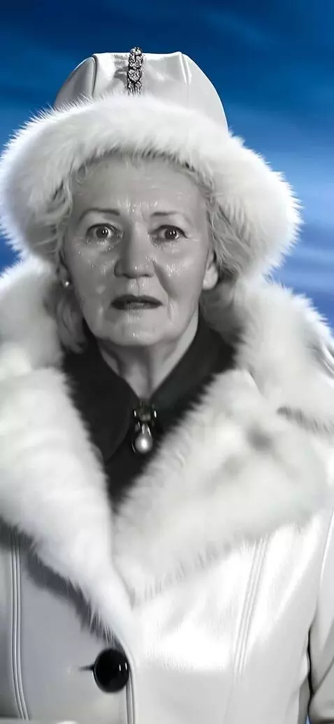 AI Video from prompt: an elderly seventy-year-old snow queen with a si