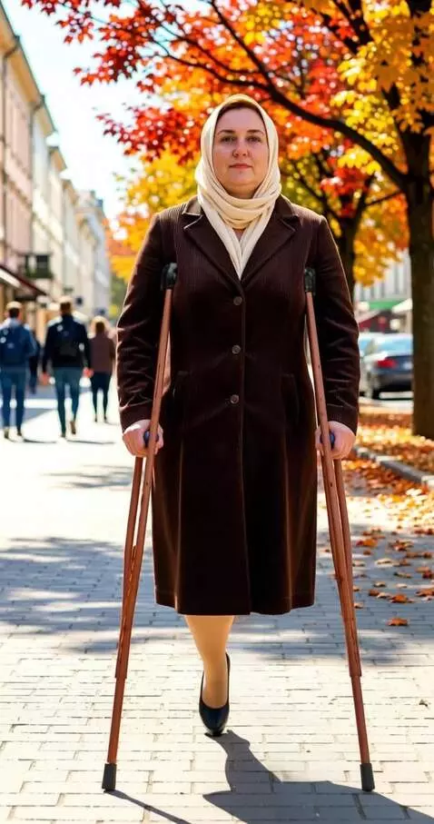 AI Video from prompt: A one-legged woman walks slowly toward the camer