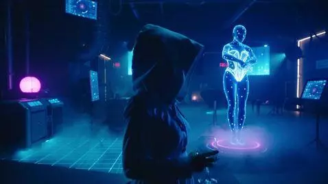 AI Video from prompt: Cyberpunk nightclub interior, wide shot. A hoode