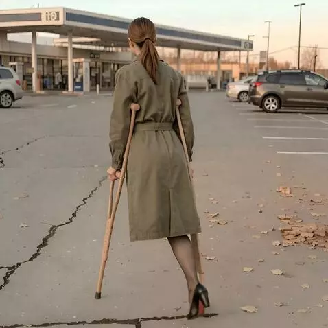 AI Video from prompt: A one-legged woman walks on her single leg and c