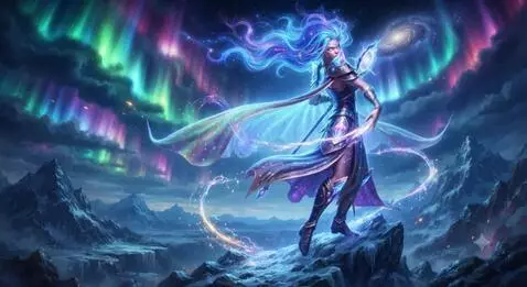 AI Video from prompt: The aurora borealis moves slowly. The character 