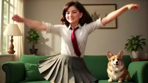 AI Video from prompt: a girl dancing in front of her dog,