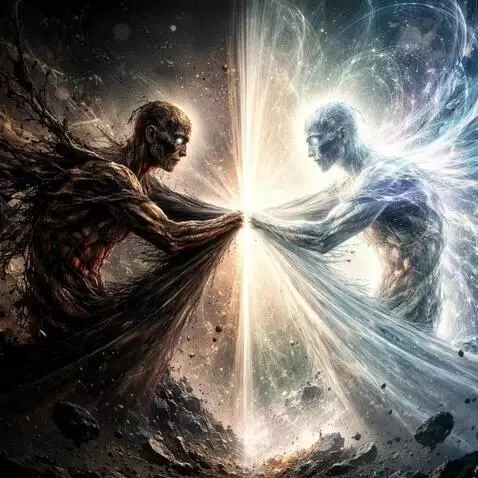 AI Video from prompt: A human figure split into two realms: one side o