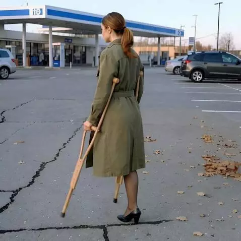 AI Video from prompt: A one-legged woman walks on her single leg and c