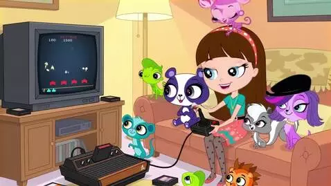 AI Video from prompt: Pets and Blythe Baxter with Atari joystick playi