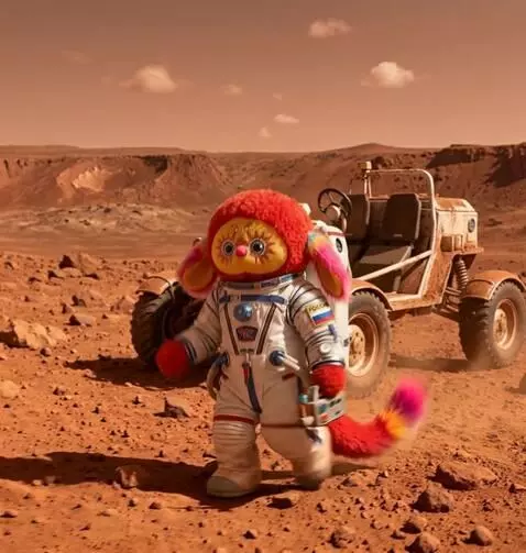 AI Video from prompt: he walks forward with a cheerful bounce. he rais