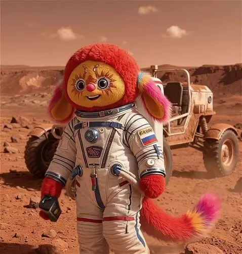 AI Video from prompt: he walks forward with a cheerful bounce. he rais