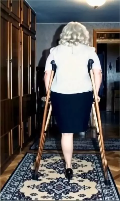 AI Video from prompt: A one-legged woman walks slowly away from the ca