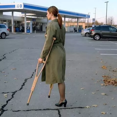 AI Video from prompt: A one-legged woman walks forward on her single l