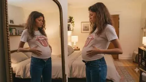 AI Video from prompt: An very bloatedAmerican woman looks at herself i