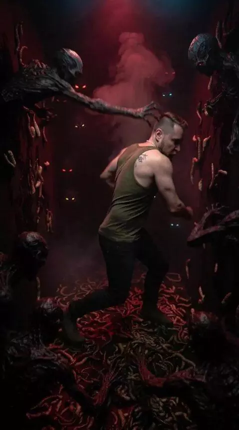 AI Video from prompt: A lone man in tattered clothes is furiously figh