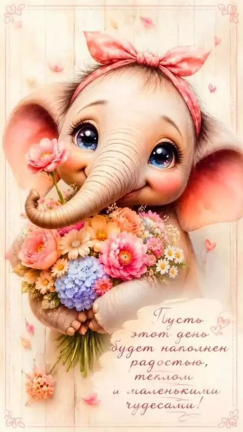 AI Video from prompt: A baby elephant smiles, moves, and holds out a b