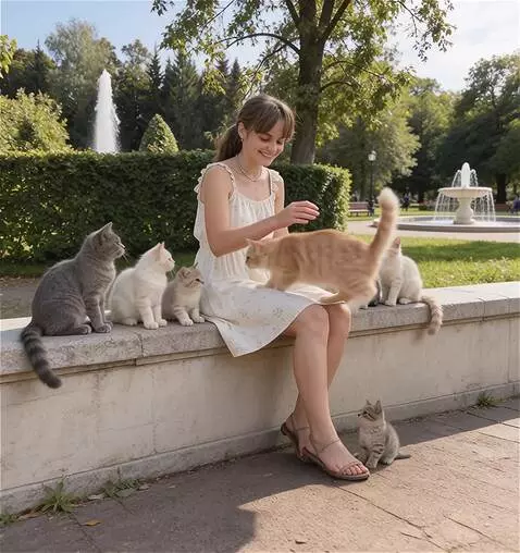 AI Video from prompt: the ginger cat jumps onto the girl,s lap and she