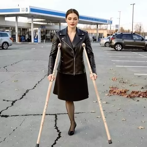 AI Video from prompt: A one-legged woman walks forward with a moderate