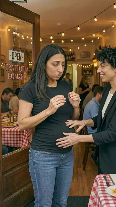 AI Video from prompt: An Italian woman leaves a restaurant very bloate