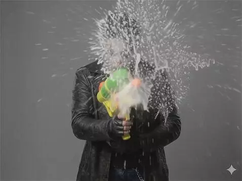 AI Video from prompt: Squirts the watergun at the screen, making it al