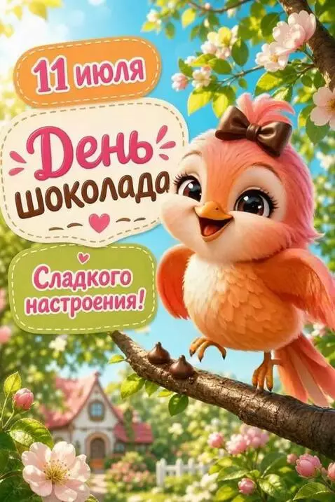 AI Video from prompt: A bird with a chocolate bow dances, smiles, and 