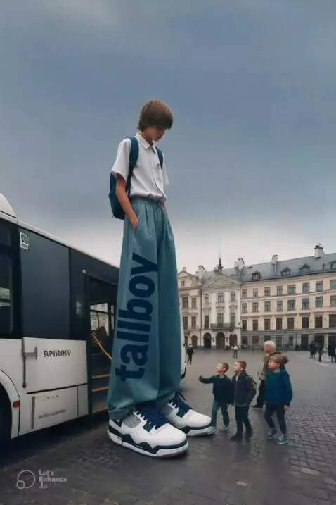 AI Video from prompt: A tall boy walks very slowly around the bus. The