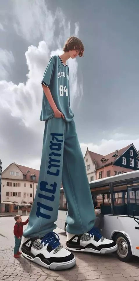 AI Video from prompt: A tall boy walks very slowly around the bus. The