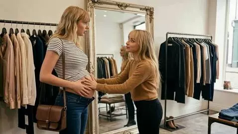 AI Video from prompt: Two American blonde women are shopping for cloth