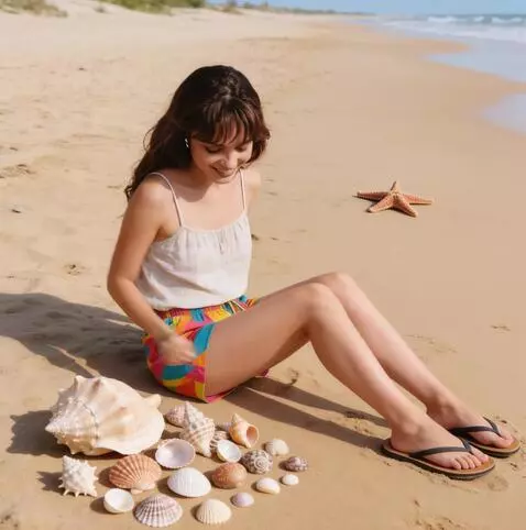 AI Video from prompt: the girl picks up a small shell, looks at it, an