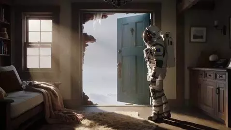 AI Video from prompt: Weathered wooden door opening into a warm cozy a
