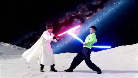 AI Video from prompt: Make these 2 fight with lightsabers on the moon 