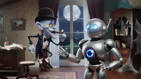 AI Video from prompt: Cartoon style video. Funny ghost 👻 and AI robot 