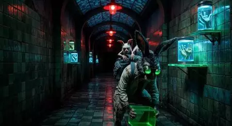 AI Video from prompt: The rabbit puts the box on the gound and opens t