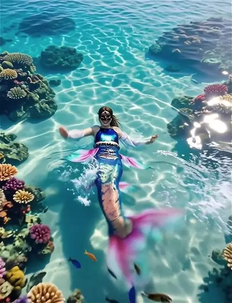 AI Video from prompt: The mermaid waves affably at the camera, swings 