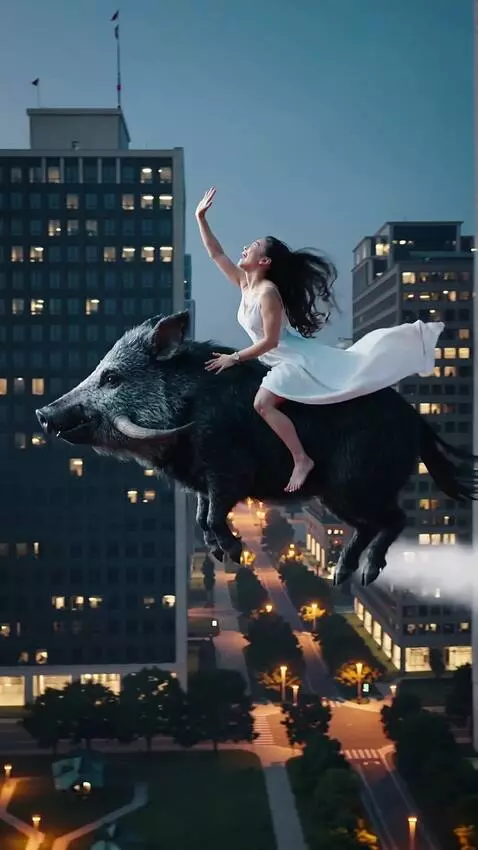 AI Video from prompt: A girl is flying over the city at night on a bla
