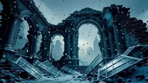AI Video from prompt: Cinematic low‑angle shot of city ruins (arches, 